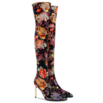 Long Heel Boots Print Flowers Overknee Boot High Heel Womens Thigh High Waterproof Hiking Boots Winter Boots Wears for Woman